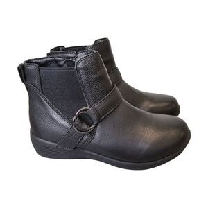 Skechers Womens 6 Arya Mod Squad Black Memory Foam Leather Ankle Wedge Booties